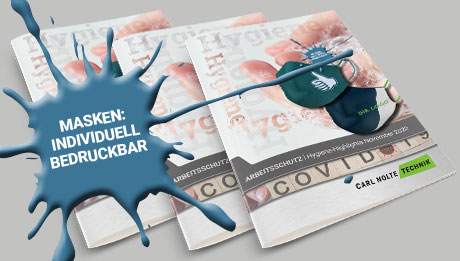 Bestellen Sie jetzt Ihre individuelle Mund-Nasen-Bedeckung. 3 Flyer "Hygiene-Highlights Oktober 2020", blauer Klecks mit Text "Masken: Individuell bedruckbar"