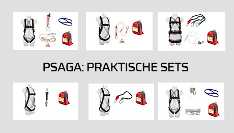 Jetzt praktisches Set mit PSAgA kaufen 6 Sets mit Persönlicher Schutzausrüstung gegen Absturz, Text "PSAgA: Praktische Sets":
