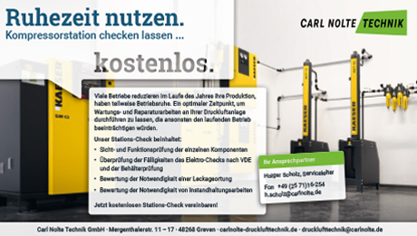 Jetzt kostenlosen Stationscheck für Ihre Kompressorstation nutzen Kompressorstation mit Text zu einem Stationscheck für Kompressorstationen