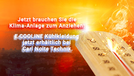 Jetzt Kühlkleidung nutzen als Hitzeschutz. Rauchendes Thermometer mit Hinweis auf Kühlkleidung.