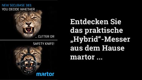 Entdecken Sie jetzt das praktische SECUBASE 383 Schwarzer Hintergrund, rechts Text "Entdecken Sie das praktische Hybrid-messer aus dem Hause Martor", links Bilder von Tiger mit und ohne Maulkorb