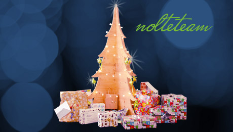 Das nolteteam ist wieder dabei bei der Aktion Emsdettener Wunschbaum Holz-Weihnachtsbaum mit Lichterkette und Geschenken vor dunkelblauem Hintergrund, rechts oben grüner Schriftzug "nolteteam"