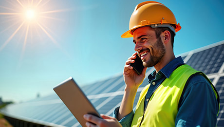 Bauarbeiter mit Smartphone vor sonnigem Himmel