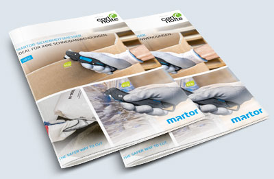 Zwei hintereinandergelegte Prospekte, Broschüre mit Thema Sicherheitsmesser