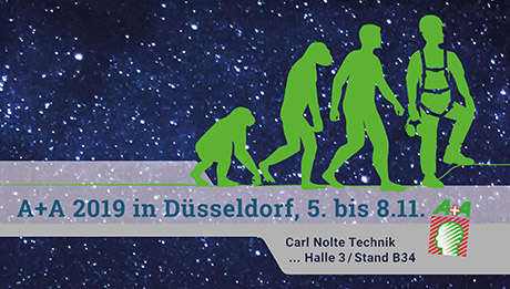 Willkommen auf der A+A 2019 Weltraum, davor grünes Motiv "Evolution" vom Affen zum mit PSA ausgestatteten Menschen
