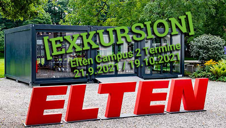 Blicken Sie hinter die Kulissen der Herstellung von Arbeitsschuhen. Jetzt anmelden. Verglaste Ausstellungscontainer in einem Park, davor der rote Schriftzug Elten. Grüne Schrift "Exkursion, Elten Campus 2 Termine, 21.9 und 19.10. 2021