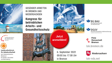 Text mit Einladung zu einem Sicherheitskongress in Bremen mit illustrierenden Bildern aus der Arbeitswelt und den Bremer Stadtmusikanten