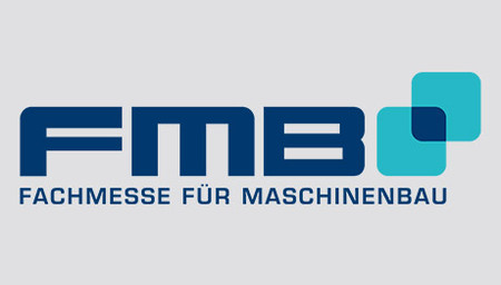 Logo in dunkelblau und hellblau: fmb Fachmesse für Maschinenbau und zwei Quadrate