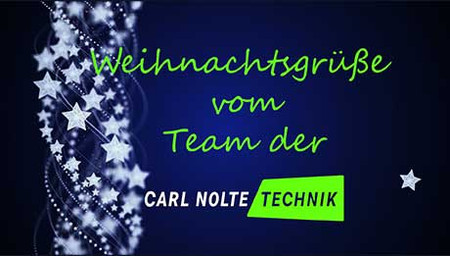 Blaue Fläche, weihnachtlich weiße Sterne und Perlenschnüre als Grafik, Text: Weihnachtsgrüße vom Team der Carl Nolte Technik