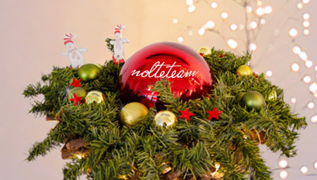 Weihnachtliches Gesteck mit dicker roter Kugel in der Mittel, darauf Schriftzug "nolteteam"