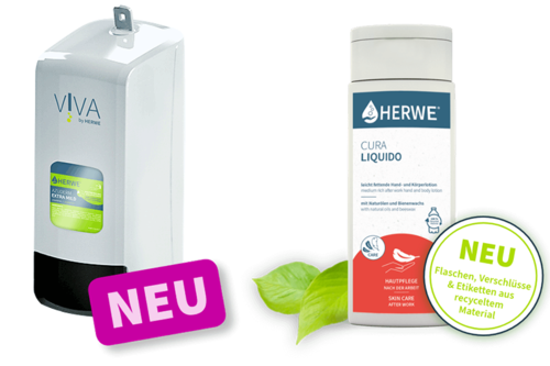 Spender für Hautschutzprodukte und Körperlotionflasche mit zwei Blättern und Störern, einmal mit Text "Neu"; einmal mit Hinweis zu Reyclingmaterial