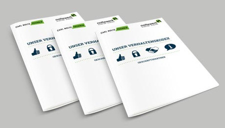 Grauer Hintergrund, darauf drei weiße Broschüren, Text Verhaltenskodex Geschäftspartner, Logos Carl Nolte Technik sowie noltewerk