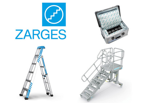 Logo der Firma Zarges in cyanblau, eine Leiter, eine mobile Treppe, ein Alukoffer offen