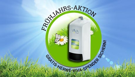 Blauer Himmel, unten Gras, grüner Kreis, Hautschutzspender, Text zu Frühjahrs-Aktion