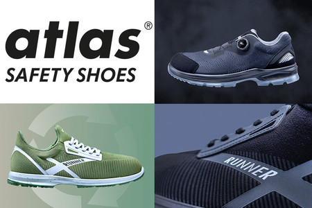 Collage aus 4 Kacheln: 2 Sicherheitsschuhe, 1 Detail eines Sicherheitsschuhe, Logo der Firma atlas safety shoes