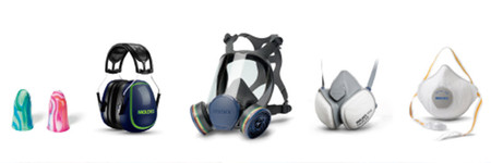 Gehör- und Atemschutzprodukte nebeneinanden, von links: zwei bunte Gehörstöpsel, Kapselgehörschutz, Vollmaske für Atemschutz, Halbmaske für Atemschutz, Maske mit Rundumbebänderung
