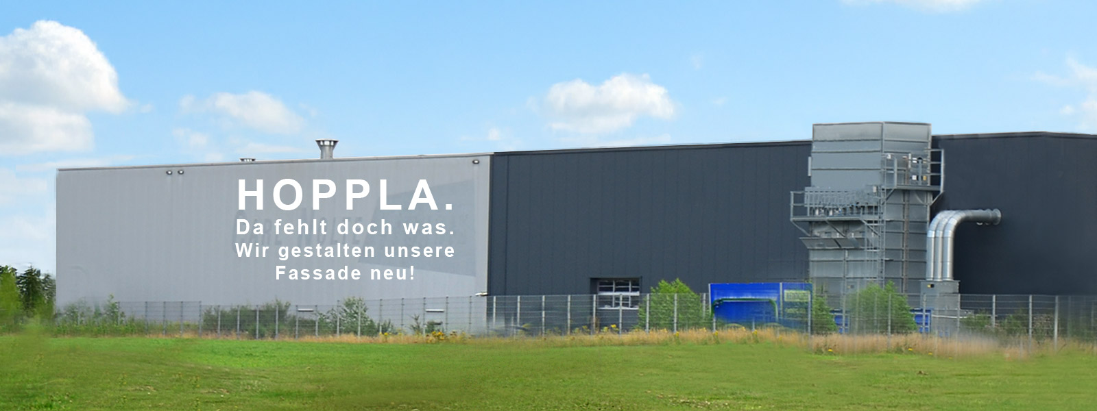 Gebäude der Carl Nolte Technik und noltewerk in Greven, versehen mit einem Texthinweis, dass die Fassade neu gestaltet wird.