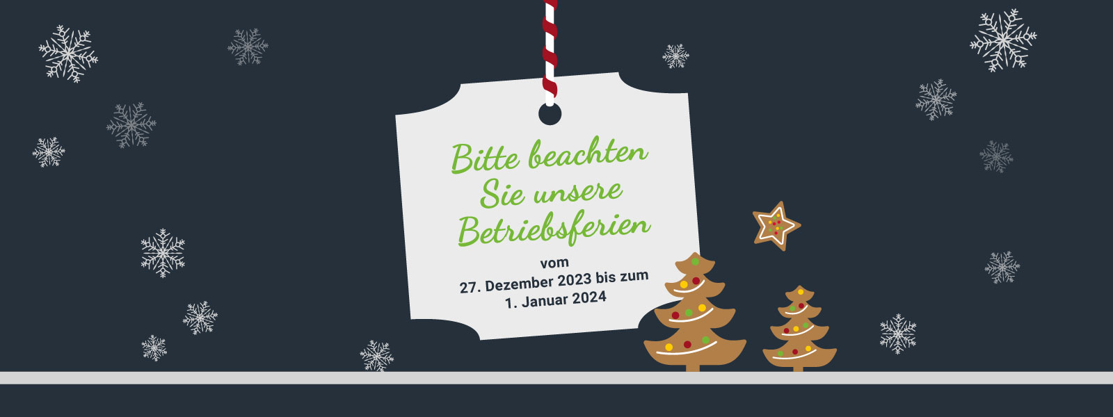 Dunkelblaue Fläche, weiße stilisierte Schneeflocken und in Art von Lebkuchen grafisch dargestellte Bäume und Stern, Text in einem Anhänger zu Weihnachtspause.