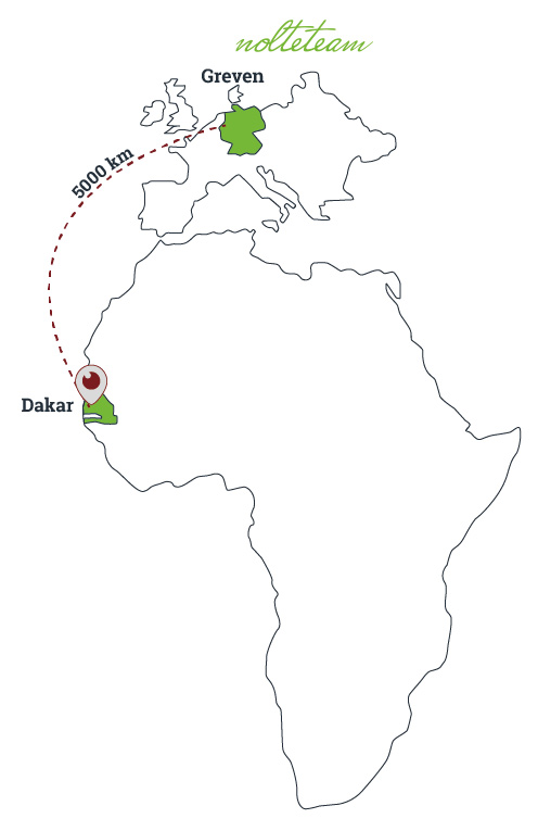Outlines Afrika und Europa, Greven, Dakar und Entfernung als Text markiert