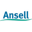 Logo Firma Ansell, Schriftzug in Blau, darunter grüne Welle