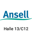 Logo in grün-blau der Firma Ansell, Schrift mit Wellenform darunter, Text mit Halle und Standnummer für eine Messe