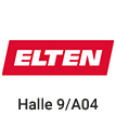 Logo Firma Elten, weißer Schriftzug in rotem Parallelogramm, Text mit Halle und Standnummer für eine Messe