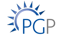 Logo Firma PGP in blau und grau mit einer stilisierten Sonne