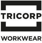 Logo Firma Tricorp, schwarzer Schriftzug, eingerahmt von zwei schwarzen Klammern von oben und unten, darunter Schrift in schwarz "Workwear"