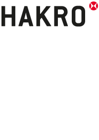 Logo in Schwarz mit rotem Kreis, Text Hakro