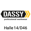 Logo Schwarz-gelb der Firma Dassy, Text mit Halle und Standnummer für eine Messe