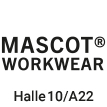 Logo Firma Mascot, schwarze Buchstaben mit Zusatz Workwear, Text mit Halle und Standnummer für eine Messe