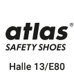 Logo der Firma atlas, schwarze Schrift mit Zusatz Safety Shoes, Text mit Halle und Standnummer für eine Messe