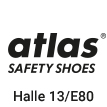 Logo der Firma atlas, schwarze Schrift mit Zusatz Safety Shoes, Text mit Halle und Standnummer für eine Messe