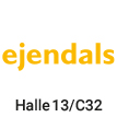 Logo der Firma ejendals, Schrift in gelb, Text mit Halle und Standnummer für eine Messe