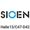 Logo der Firma Sioen in schwarz und hellblau, Text mit Halle und Standnummer für eine Messe