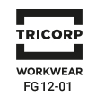 Logo Firma Tricorp, schwarze Schrift, oben und unten ein schwarzer Winkel, darunter Schrift in Schwarz "Workwear"