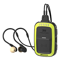 Schwarz-Gelber Kasten mit angeschlossenen Kopfhörern, der als Kombination von Gehörschutz und Kommunikation dient.