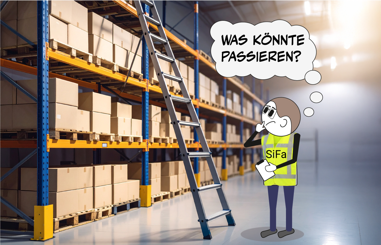 Eine Comicfigur steht vor einer Leiter, die an ein hohes Regal lehnt und überlegt. In einer Gedankenblase steht der Text "Was könnte passieren?"